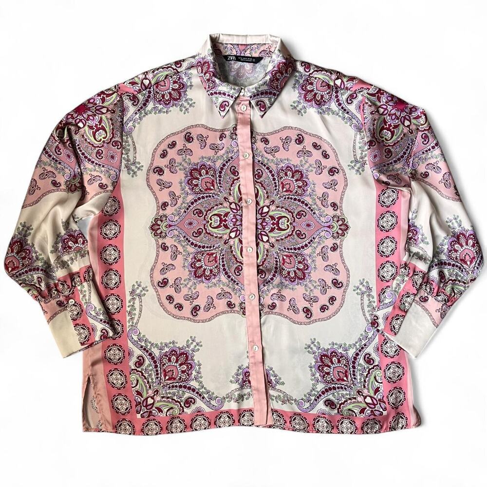 Zara Pink Paisley Satin Button-Up Blouse.